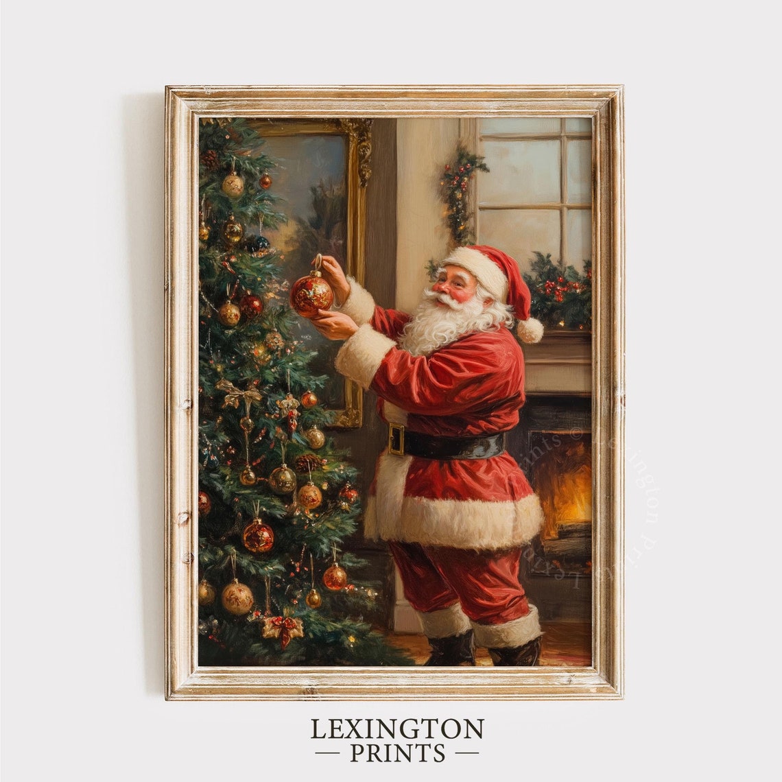 Santa Claus Decorating Christmas Tree Vintage Holiday Scene Poster