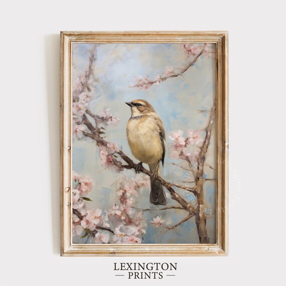 Songbird on Cherry Blossom Branch Spring Pink Floral Bird Art Poster