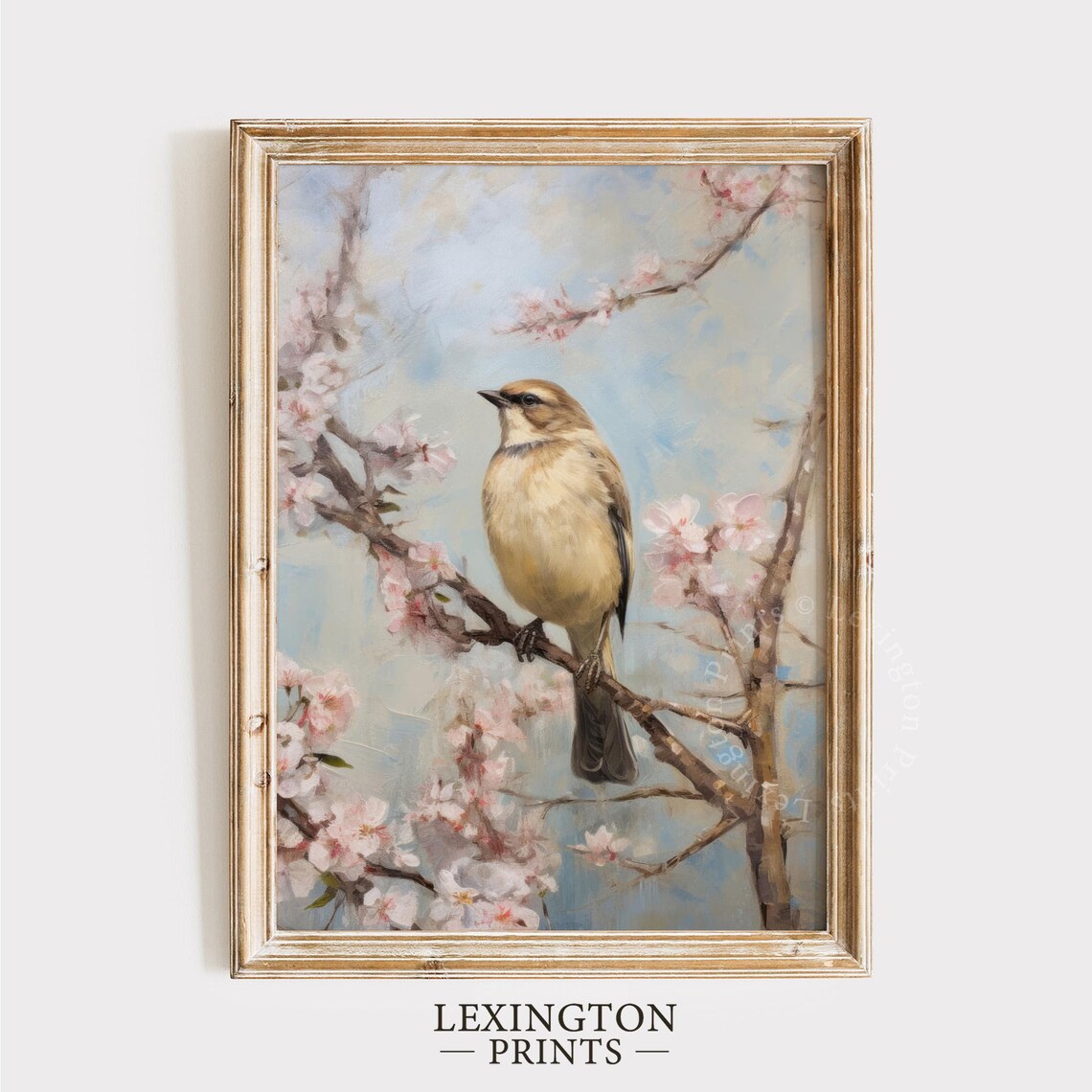 Songbird on Cherry Blossom Branch Spring Pink Floral Bird Art Poster