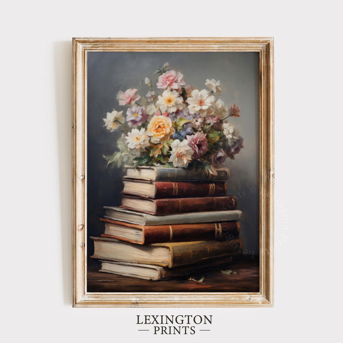 Stack of Vintage Books with Spring Flower Bouquet Still Life Poster