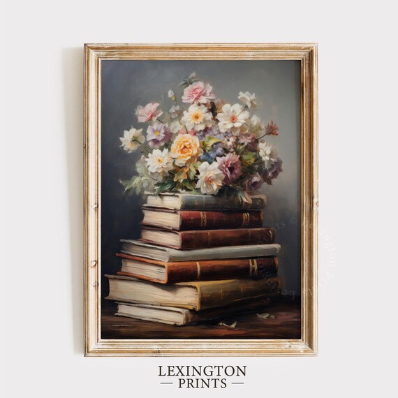 Stack of Vintage Books with Spring Flower Bouquet Still Life Poster