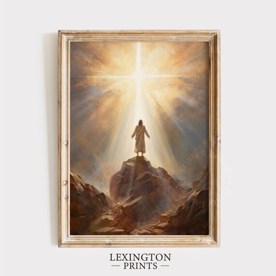 Jesus Christ Standing On Mountain Radiant Cross Golden Sky Christian Poster