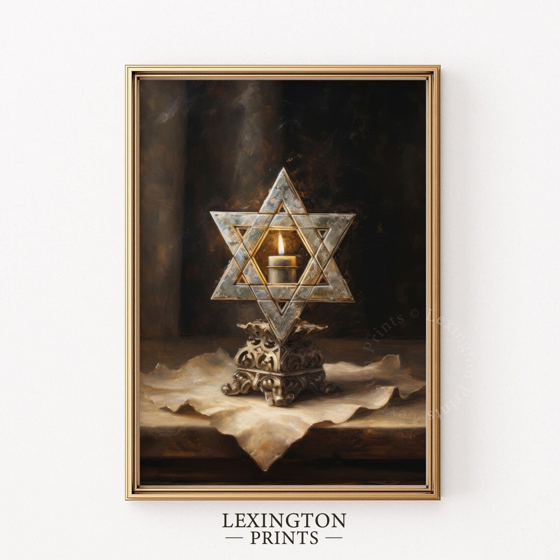 Star of David Candle Holder with Lit Candle Jewish Oil Painting Print