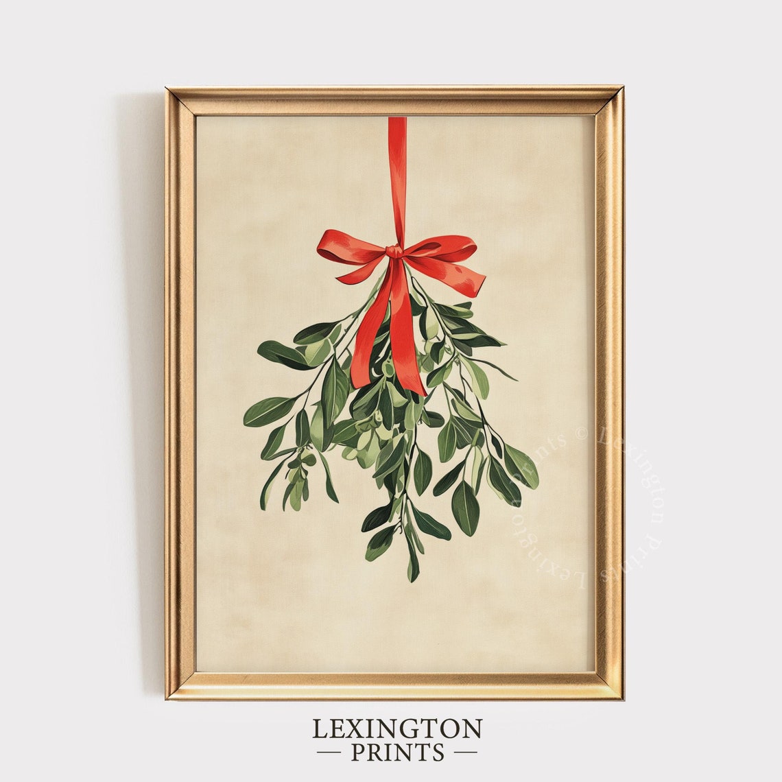 Mistletoe Sprig with Red Ribbon Christmas Botanical Art Poster
