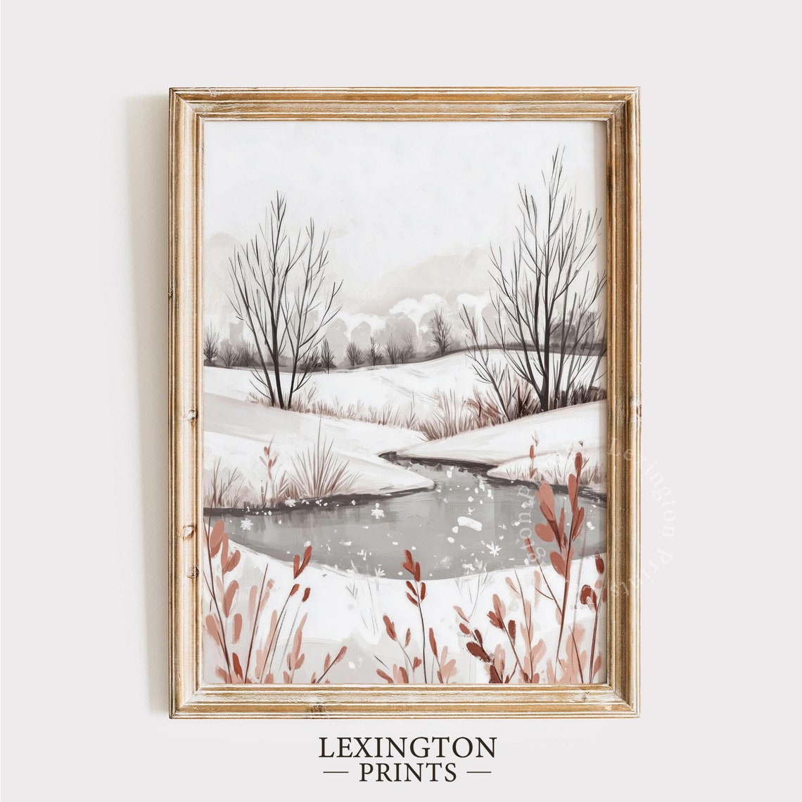 Snowy Winter Stream Bare Trees Watercolor Landscape Painting Poster