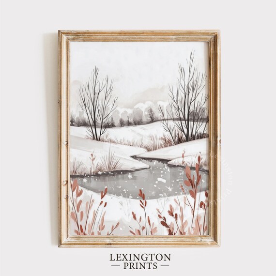 Snowy Winter Stream Bare Trees Watercolor Landscape Painting Poster