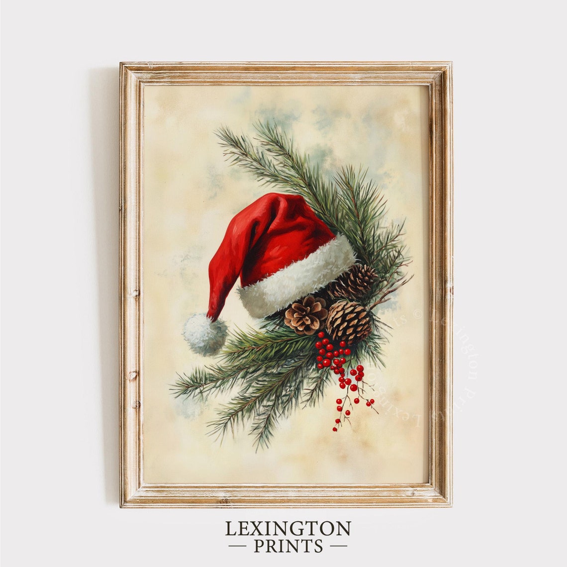 Santa Hat with Pine Branches and Pinecones Christmas Painting Poster