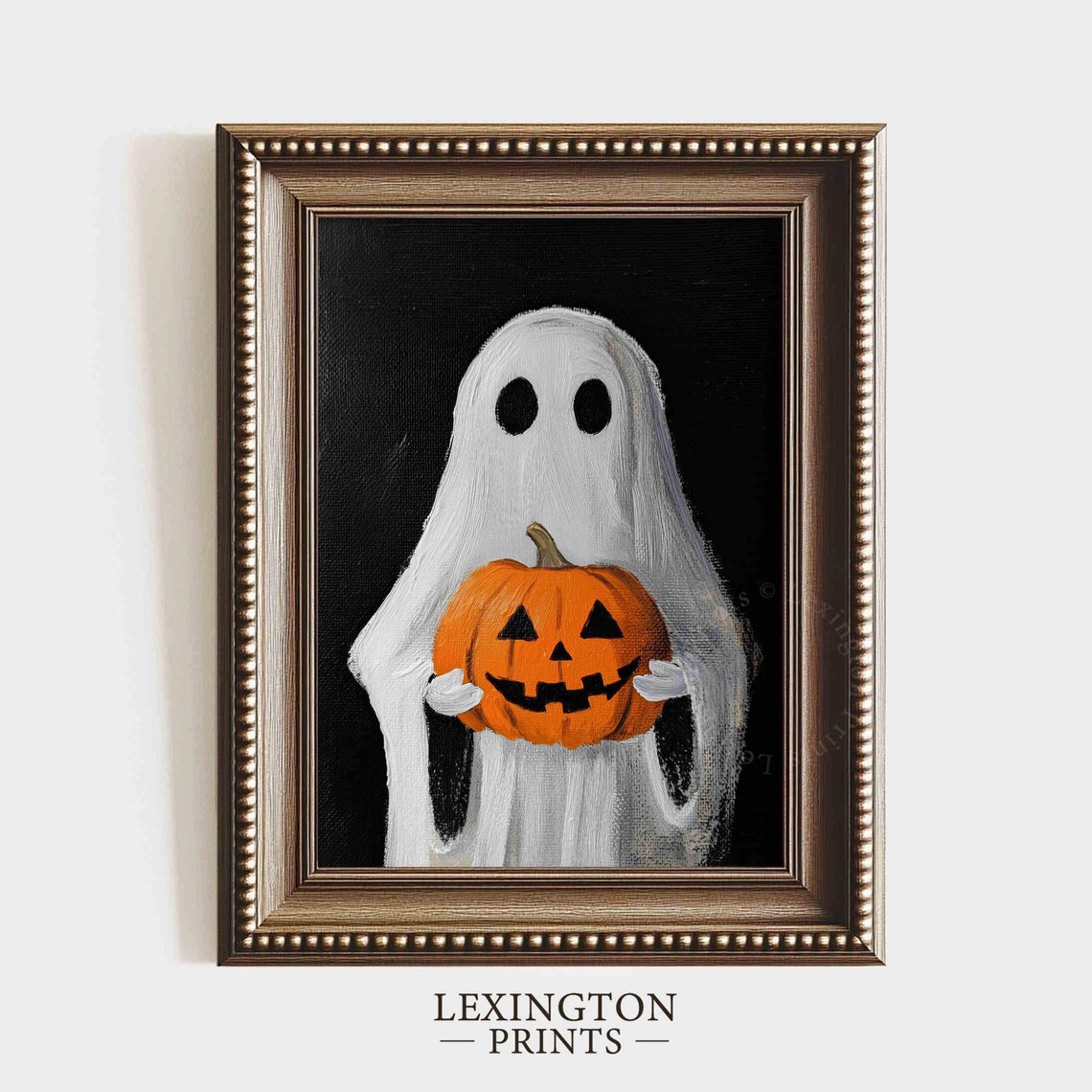Cute Ghost Holding Jack O Lantern Pumpkin Halloween Vintage Wall Art