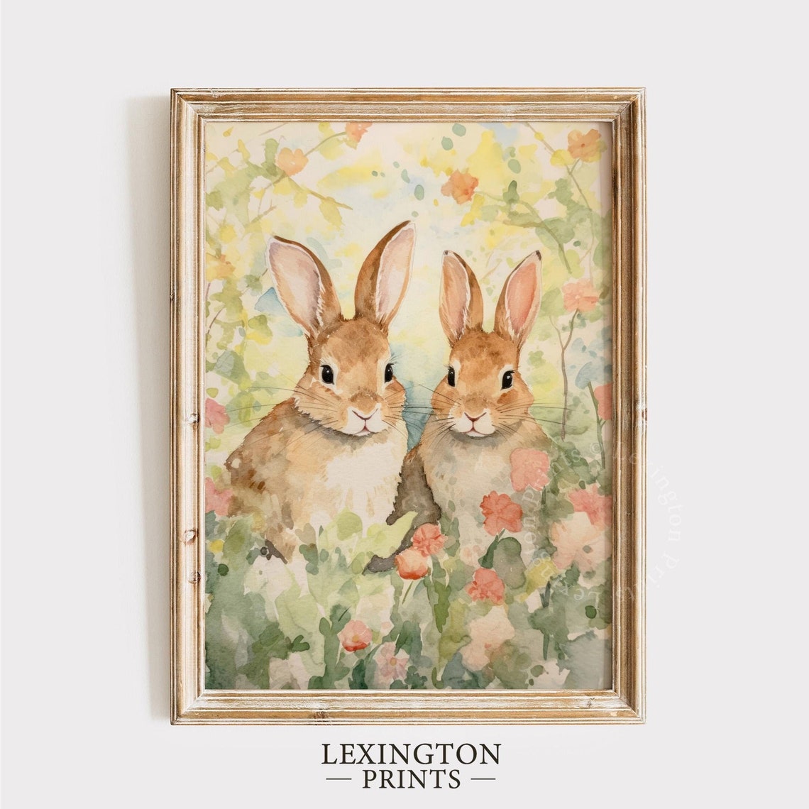 Two Bunnies in a Spring Garden Watercolor Bunny Rabbit Poster