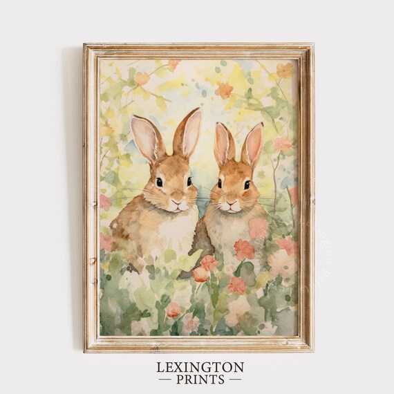 Two Bunnies in a Spring Garden Watercolor Bunny Rabbit Poster
