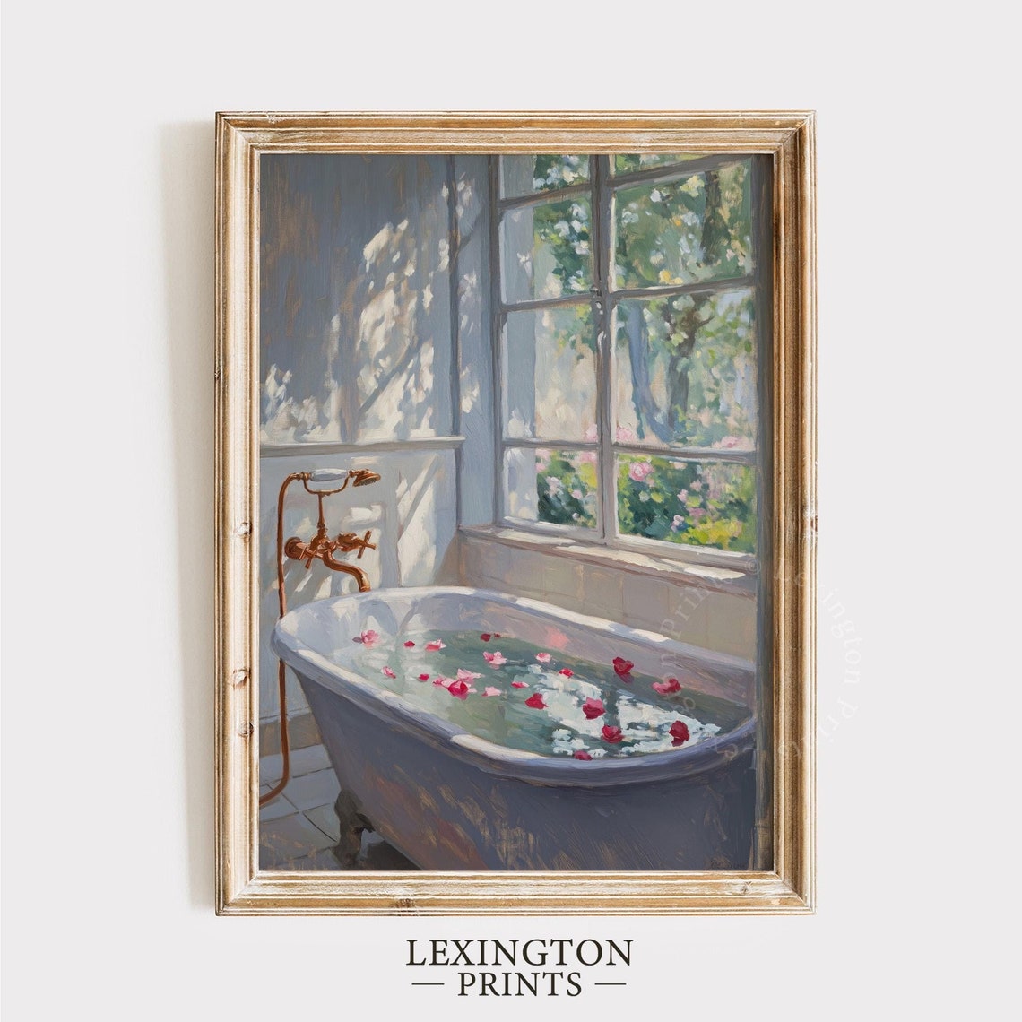 Rose Petal Bathtub by Sunlit Window Serene Spa Bathroom Art Print - Image 8