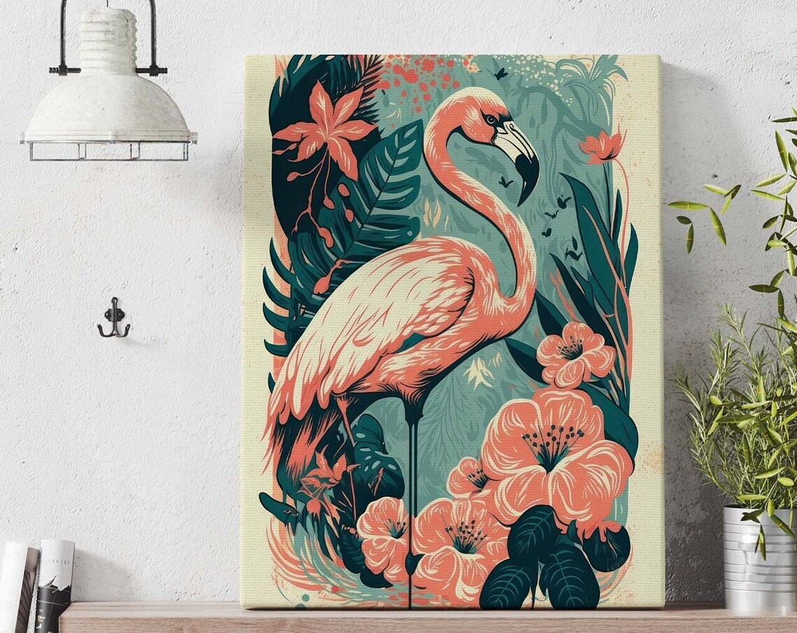 Pink Flamingo Flower Print, Tropical Coastal Bird Art Print