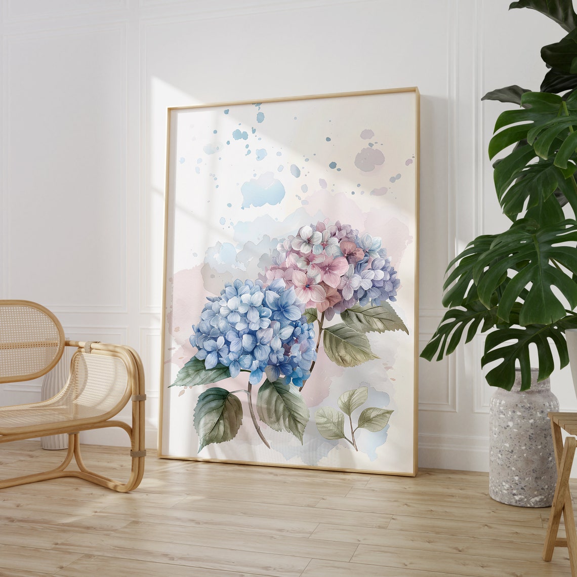 Pastel Blue Pink Watercolor Hydrangea Floral Botanical Poster - Image 2