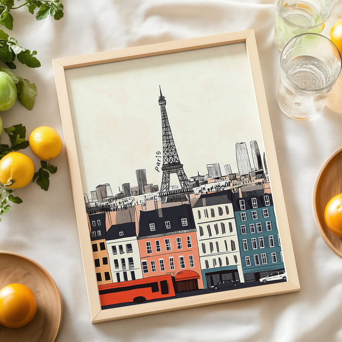 Paris Eiffel Tower Sketch Red Bus Handwritten City Illustration Poster - Image 3