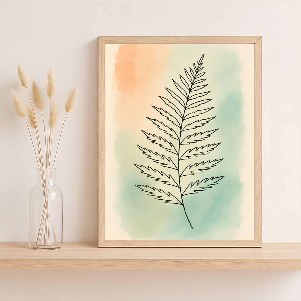 Fern Line Art Pastel Watercolor Wash Minimalist Botanical Poster