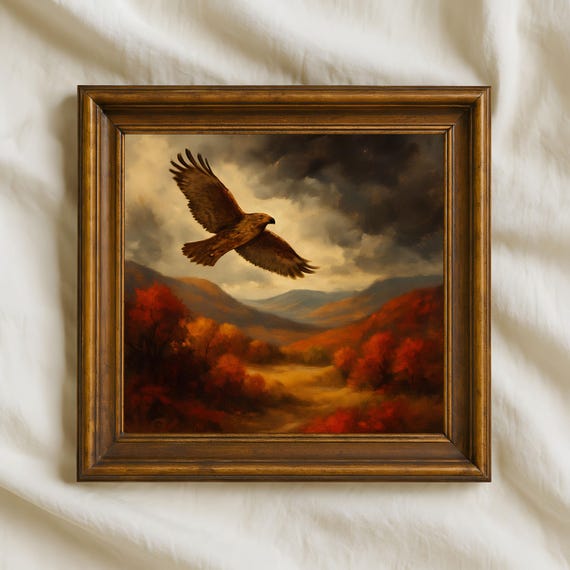 Hawk Soaring Oil Painting Autumn Valley Landscape Wall Art 11 Square Wildlife Canvas Print For Rustic Home Decor