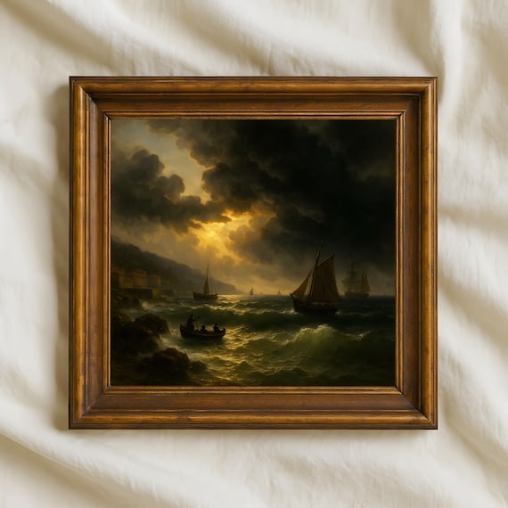 Stormy Night Sea Dark Sailboats Moonlit Ocean Painting Art Print
