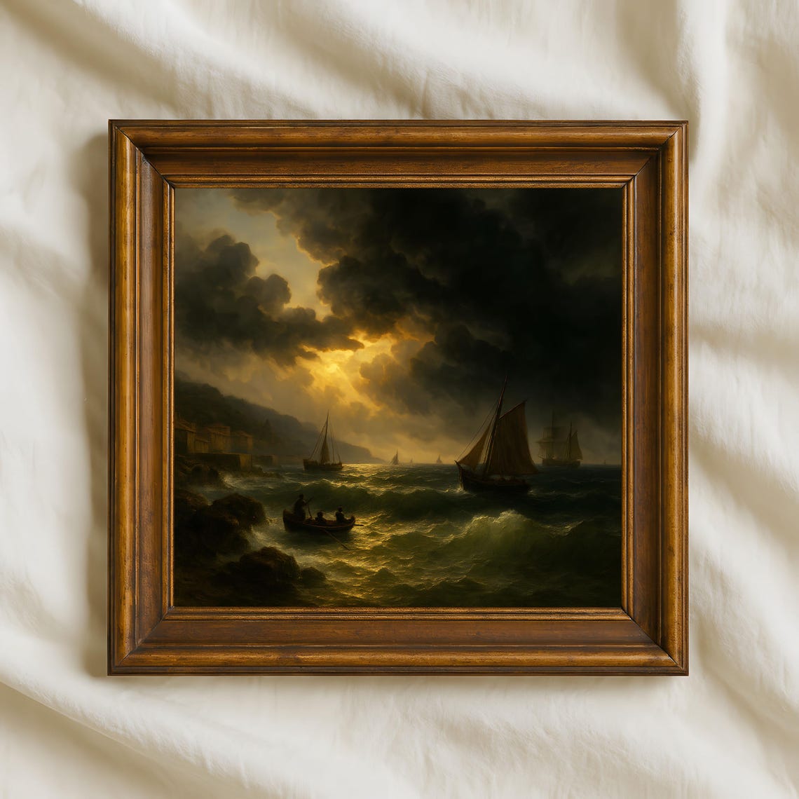Stormy Night Sea Dark Sailboats Moonlit Ocean Painting Art Print