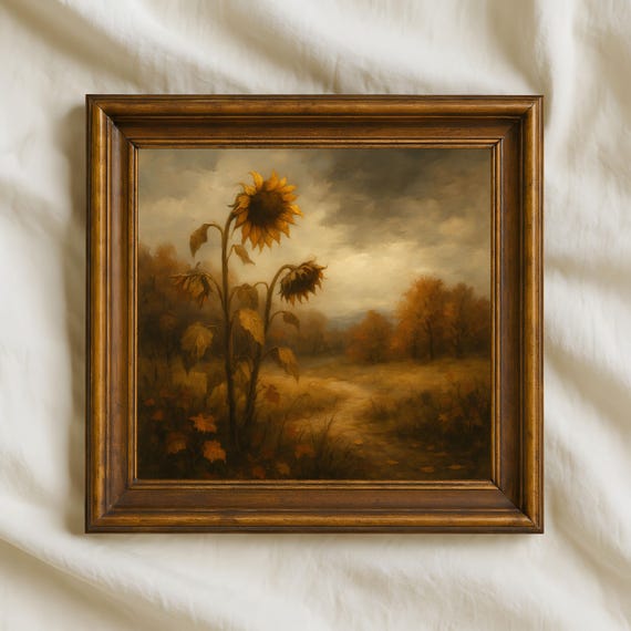 Rustic Sunflower Autumn Landscape, Golden Fall Art Print