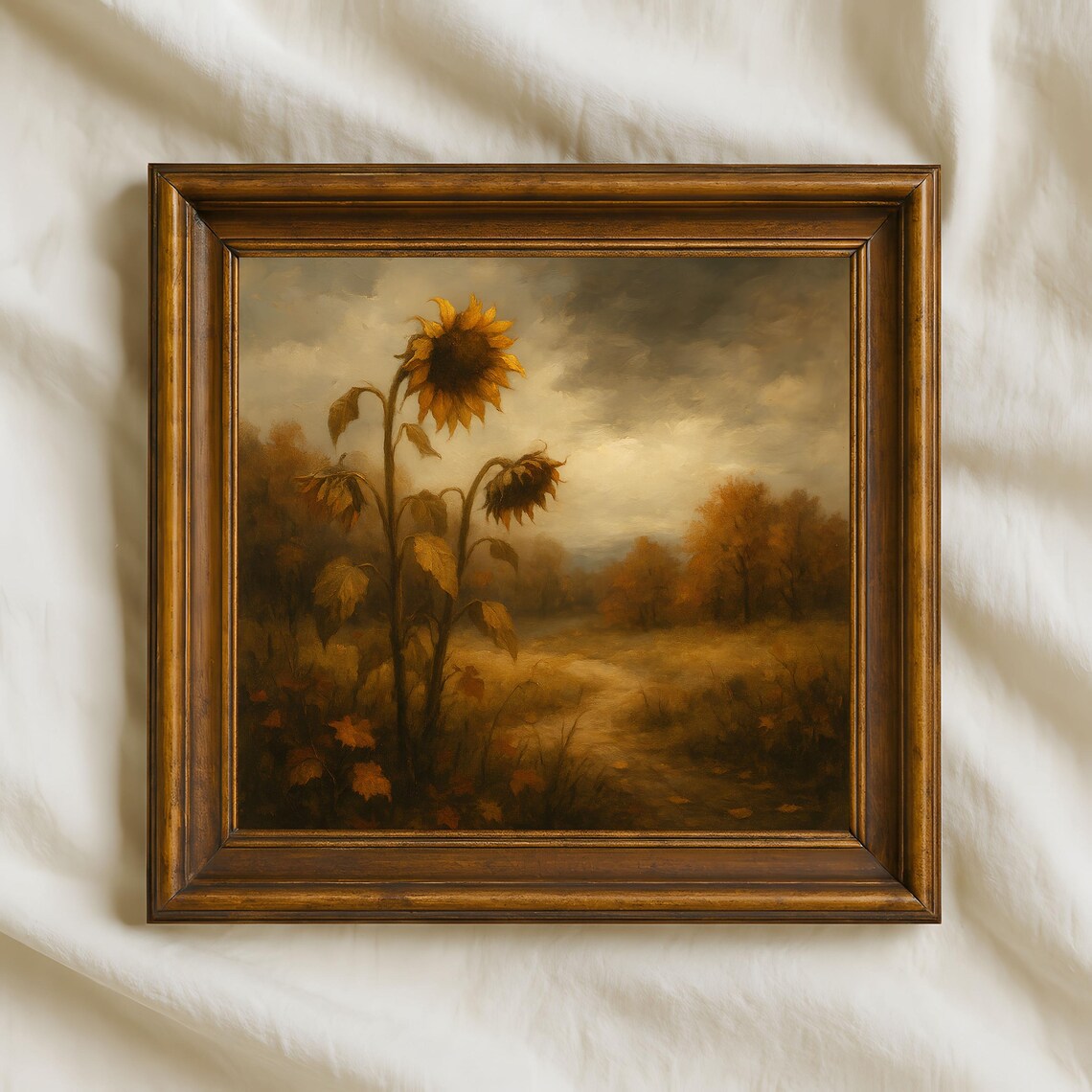 Rustic Sunflower Autumn Landscape, Golden Fall Art Print