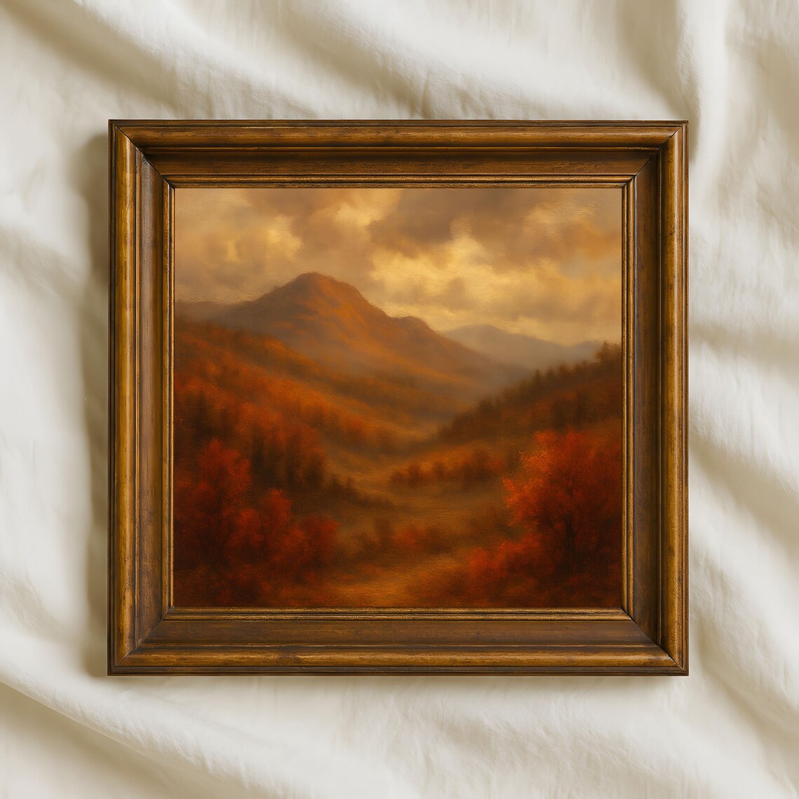 Golden Autumn Mountain Valley Misty Landscape Oil Painting Poster