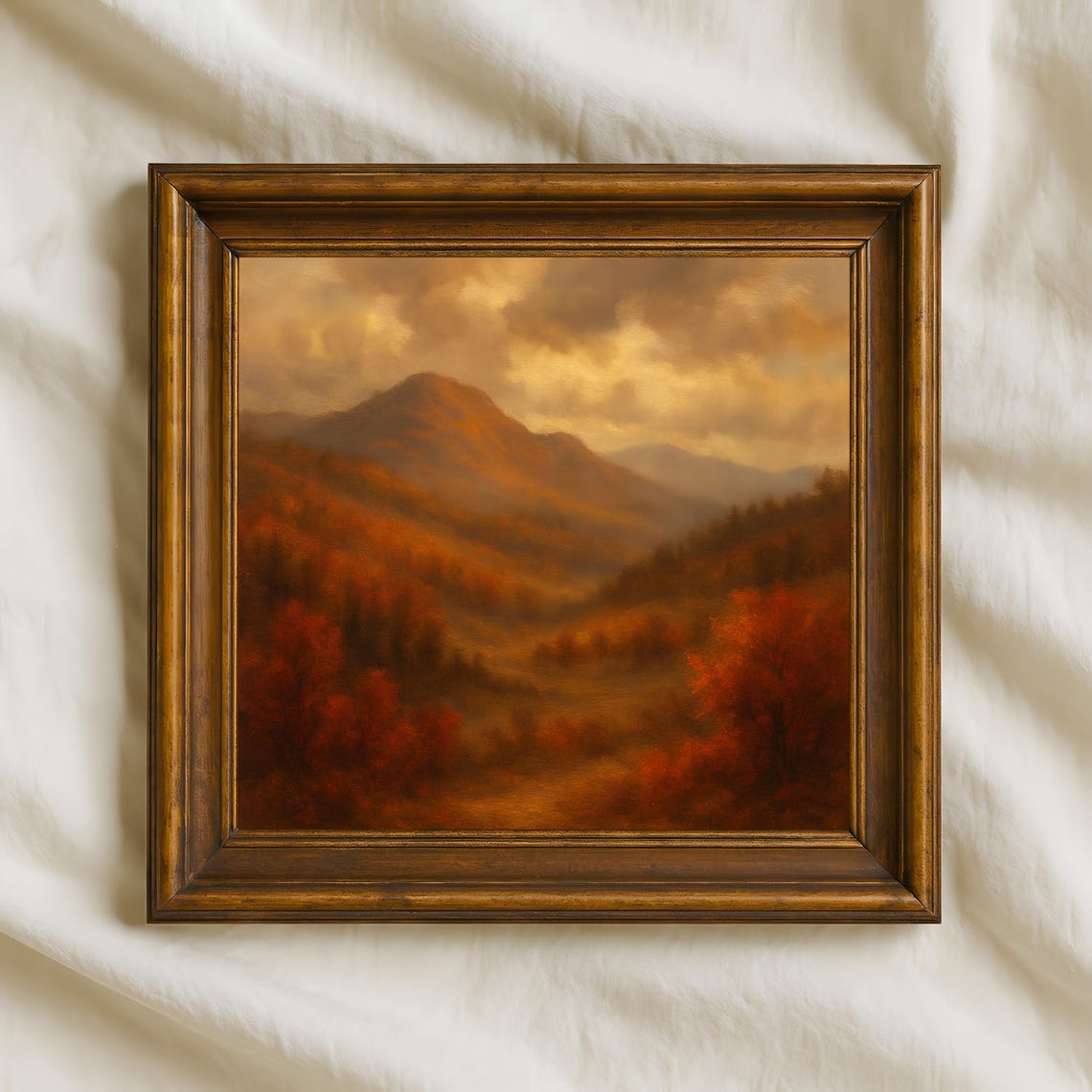 Oil Painted Autumn Mountains Golden Fall Valley Wall Decor Rustic Farmhouse Landscape Artwork Print