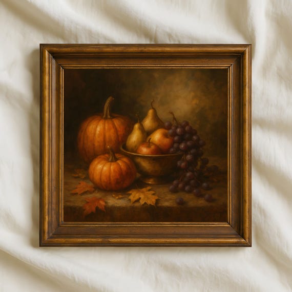 Oil Painted Harvest Still Life Rustic Pumpkins And Fruit Wall Decor Cozy Fall Kitchen Artwork Autumn Print