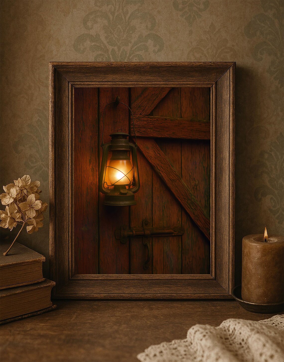 Vintage Oil Lantern on Wooden Door Warm Glow Rustic Art Poster