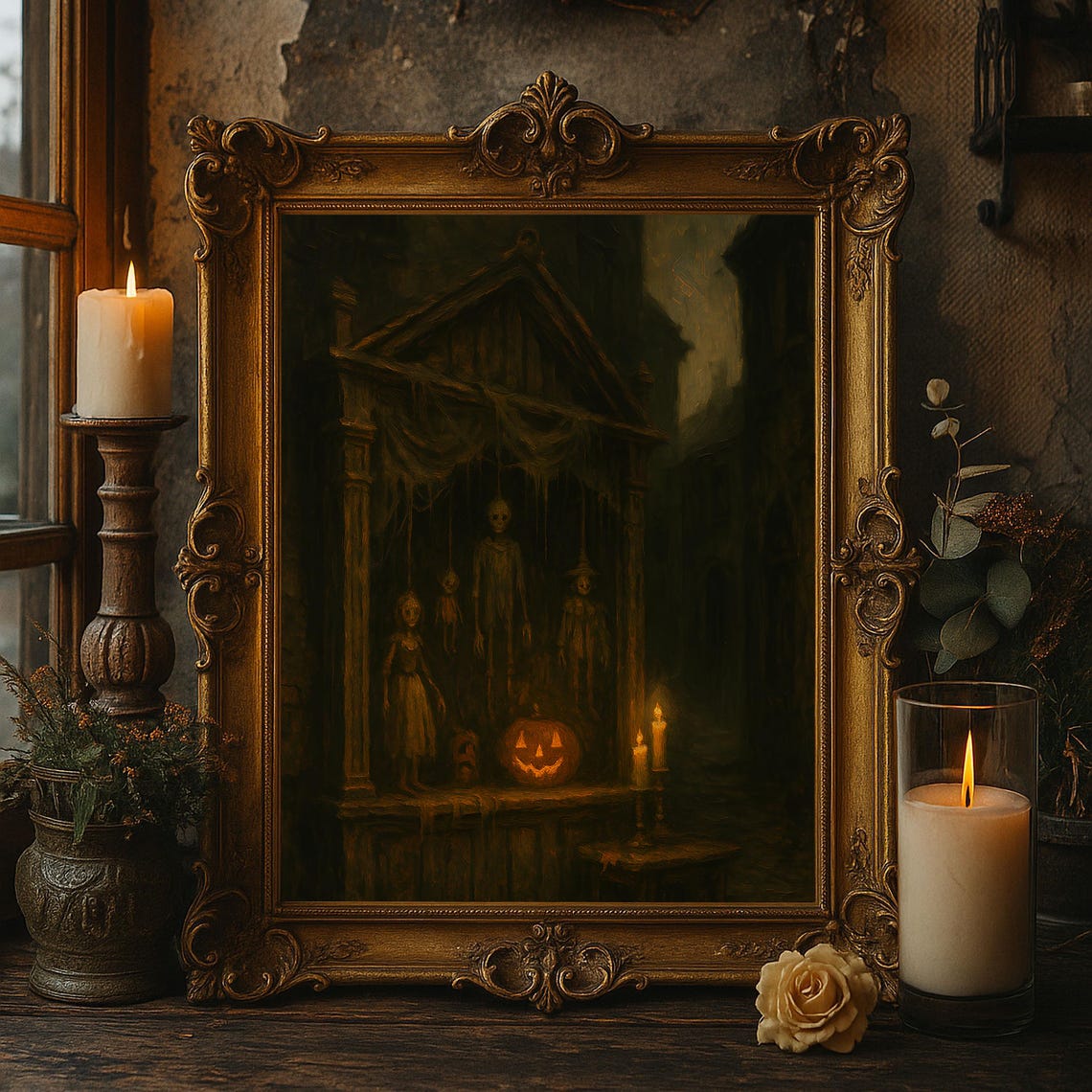 Haunted Puppet Theater Wall Art Creepy Doll Halloween Gothic Jack O Lantern Spooky Candle Decor Print