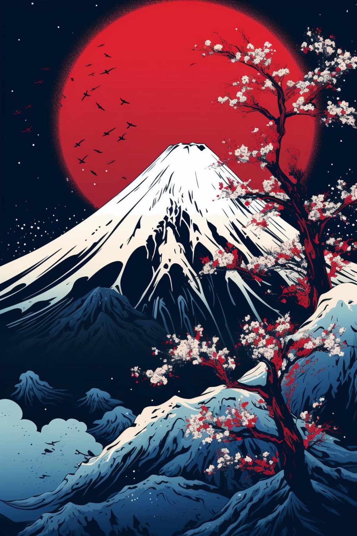 Mount Fuji At Night With Cherry Blossoms Red Sun Japanese Art Poster - Image 2