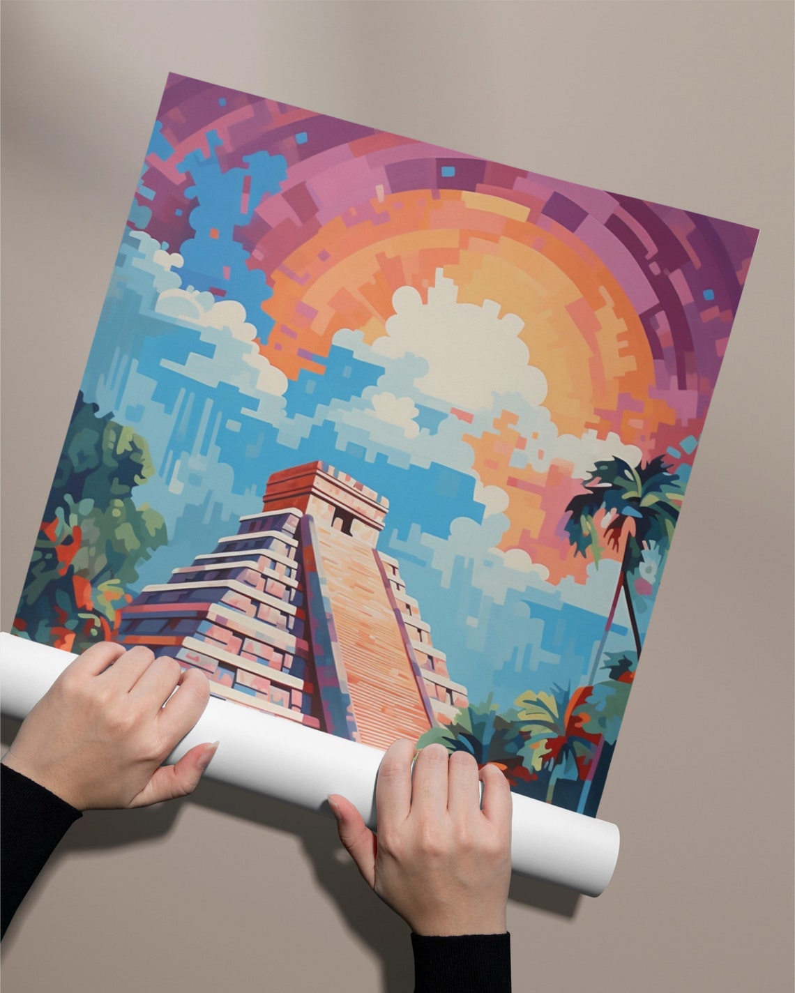 Chichen Itza Maya Pyramid Abstract Mosaic Sunset Jungle Poster - Image 2