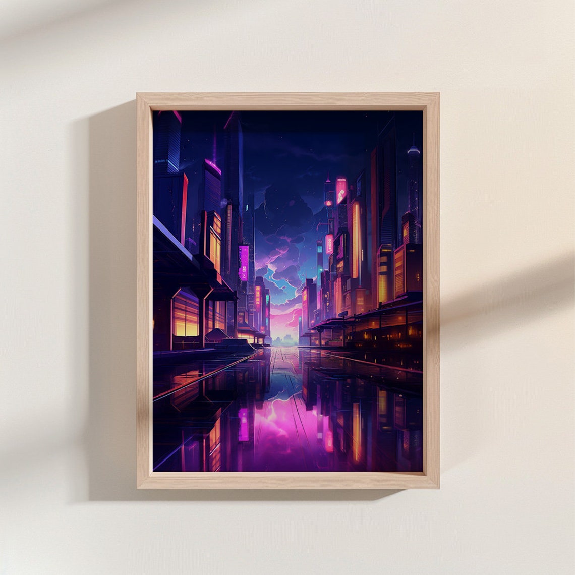 Futuristic Neon Cityscape Purple Skies Wet Street Reflections Poster