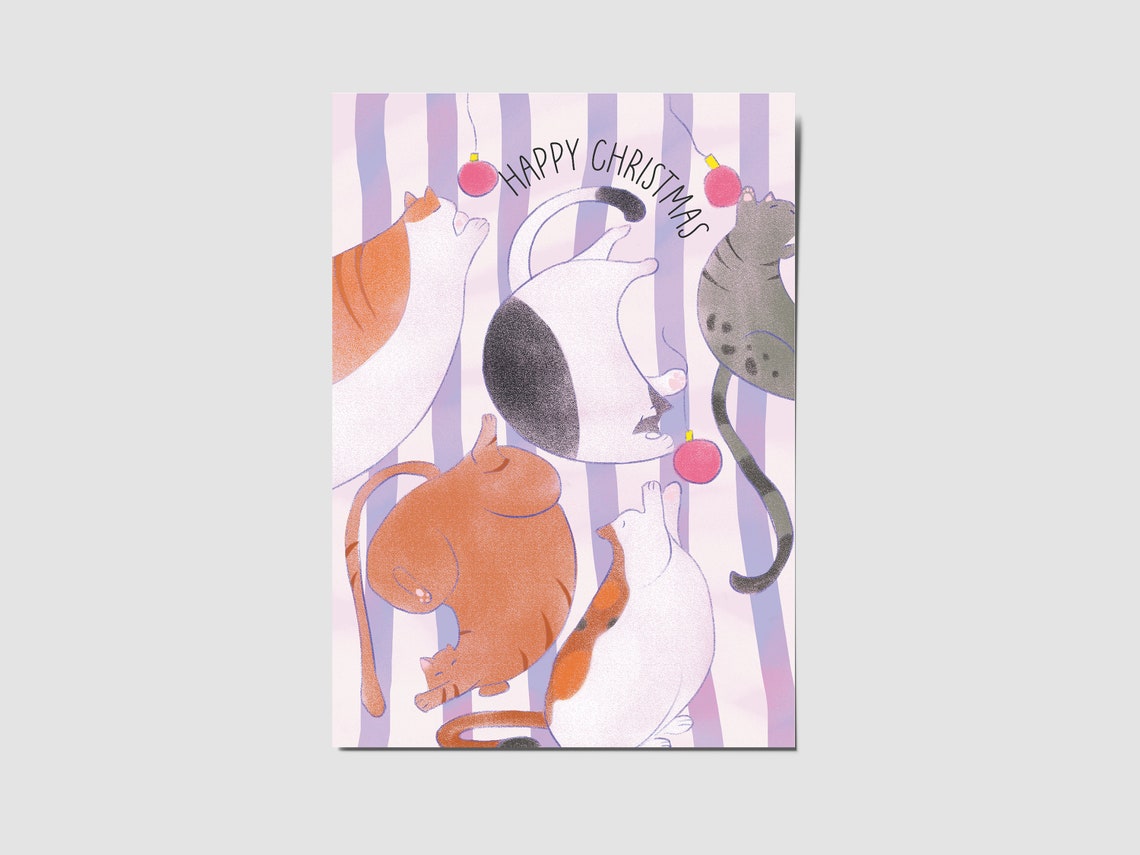 Happy Christmas Cats Ornaments Playful Holiday Card Art Print