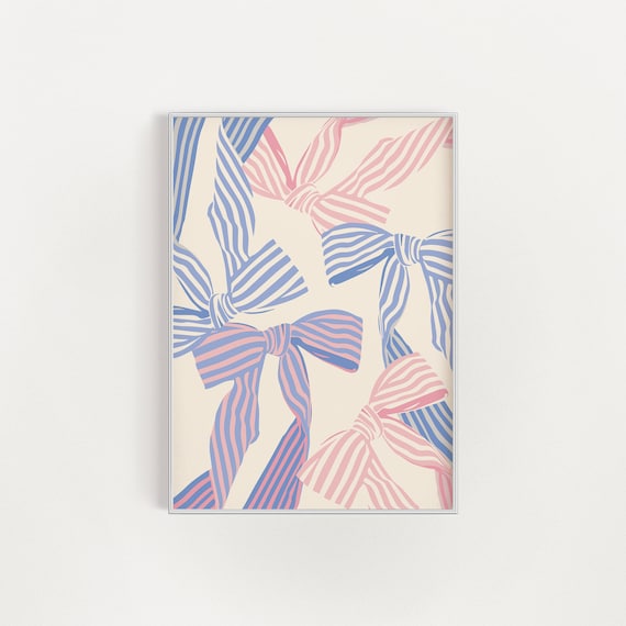 Pink Blue Striped Bows Coquette Balletcore Pattern Aesthetic Poster