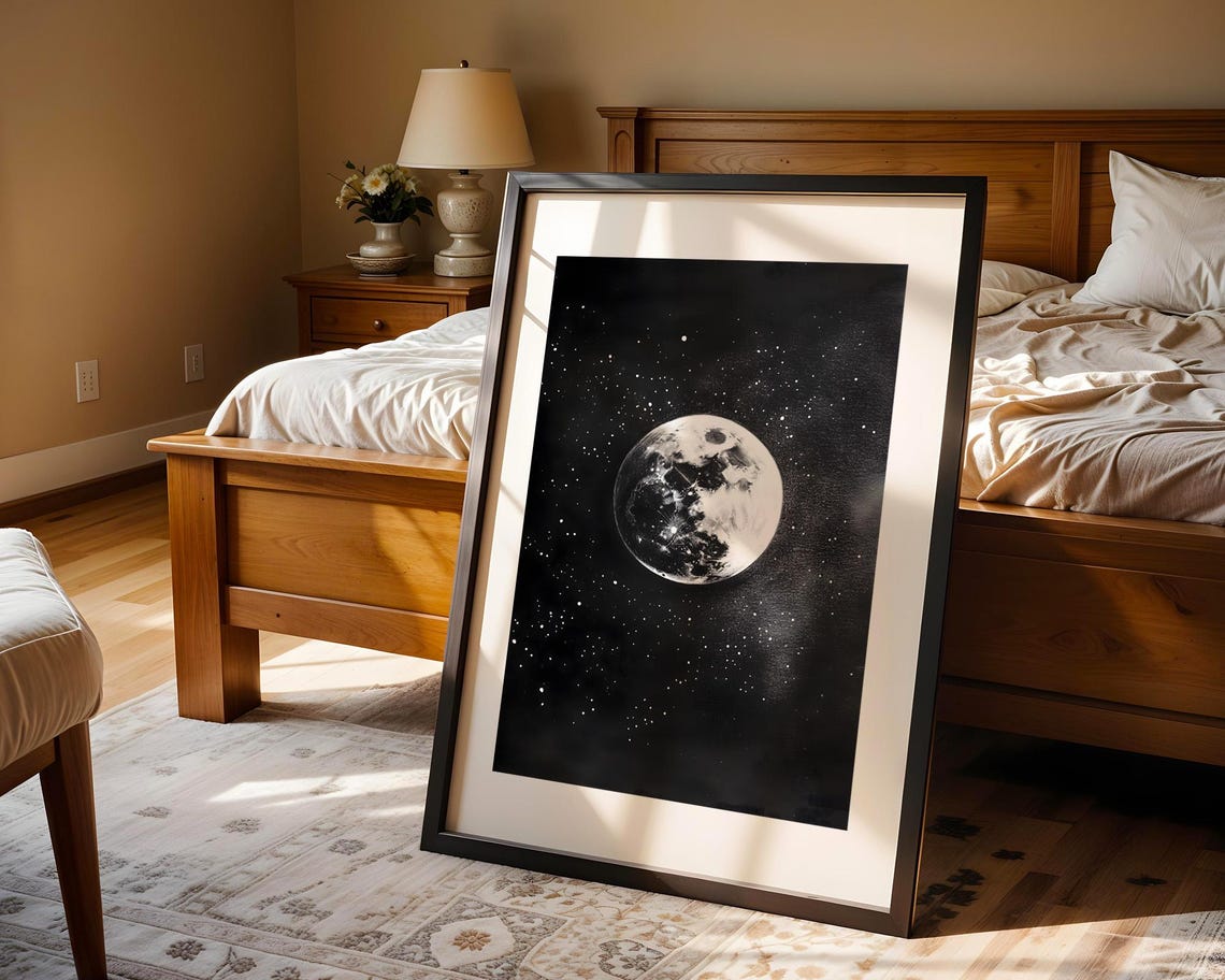 Full Moon Starry Night Sky Black And White Photography Art Poster - Image 4