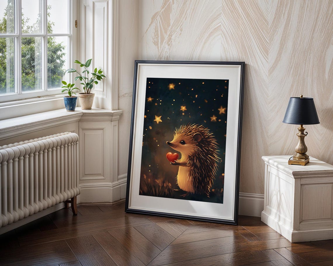 Cute Hedgehog Holding Red Heart Under Starry Night Sky Poster - Image 4