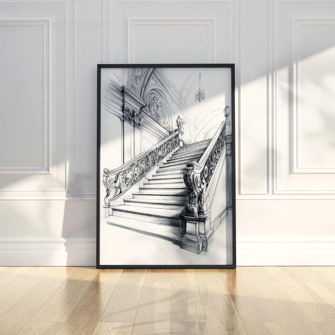 Grand Ornate Staircase Pencil Sketch Wall Art Architectural Interior Poster For Living Room Office Study Decor