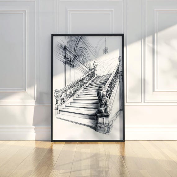 Grand Ornate Staircase Pencil Sketch Wall Art Architectural Interior Poster For Living Room Office Study Decor