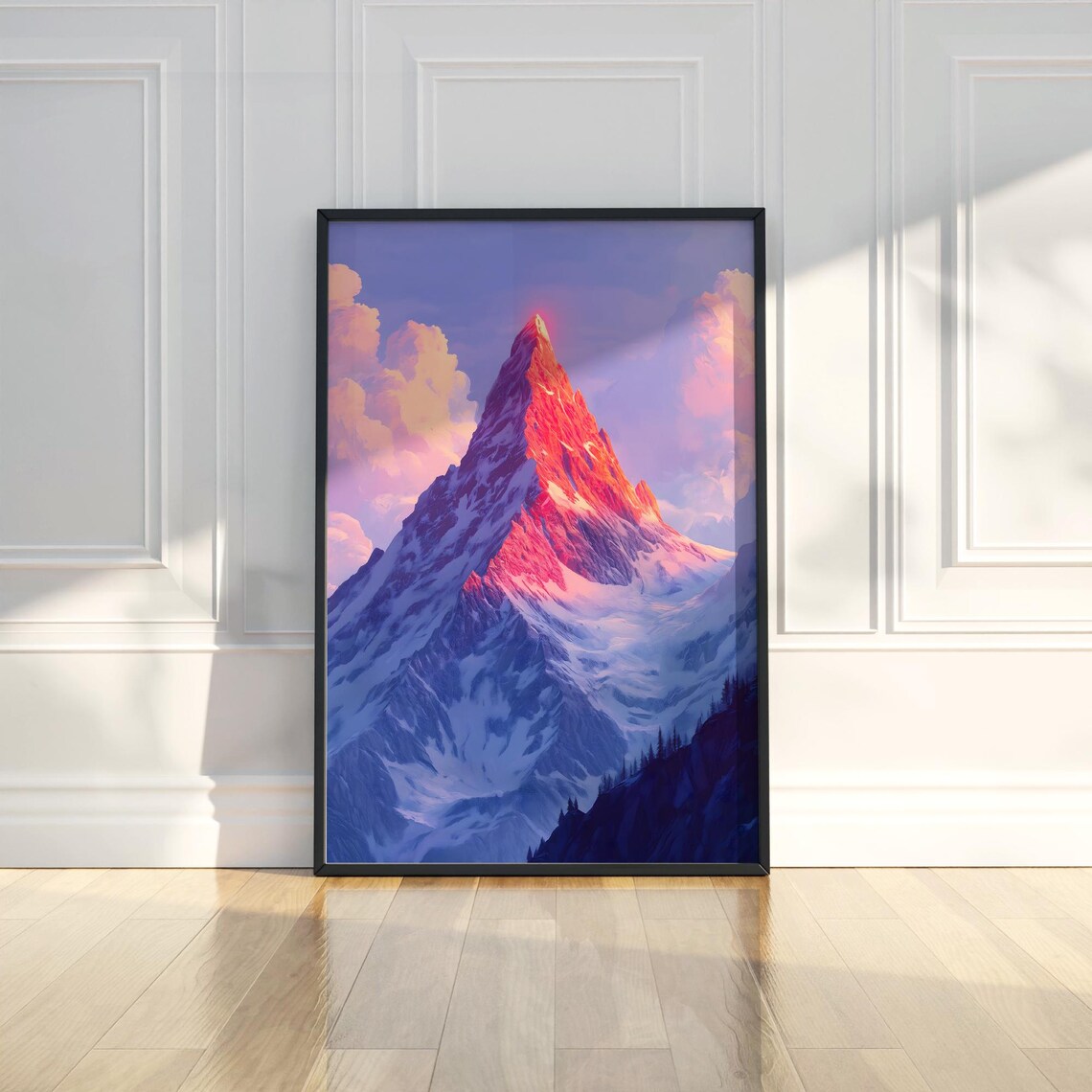 Snowy Mountain Peak at Sunrise Art Poster with Pink Alpenglow