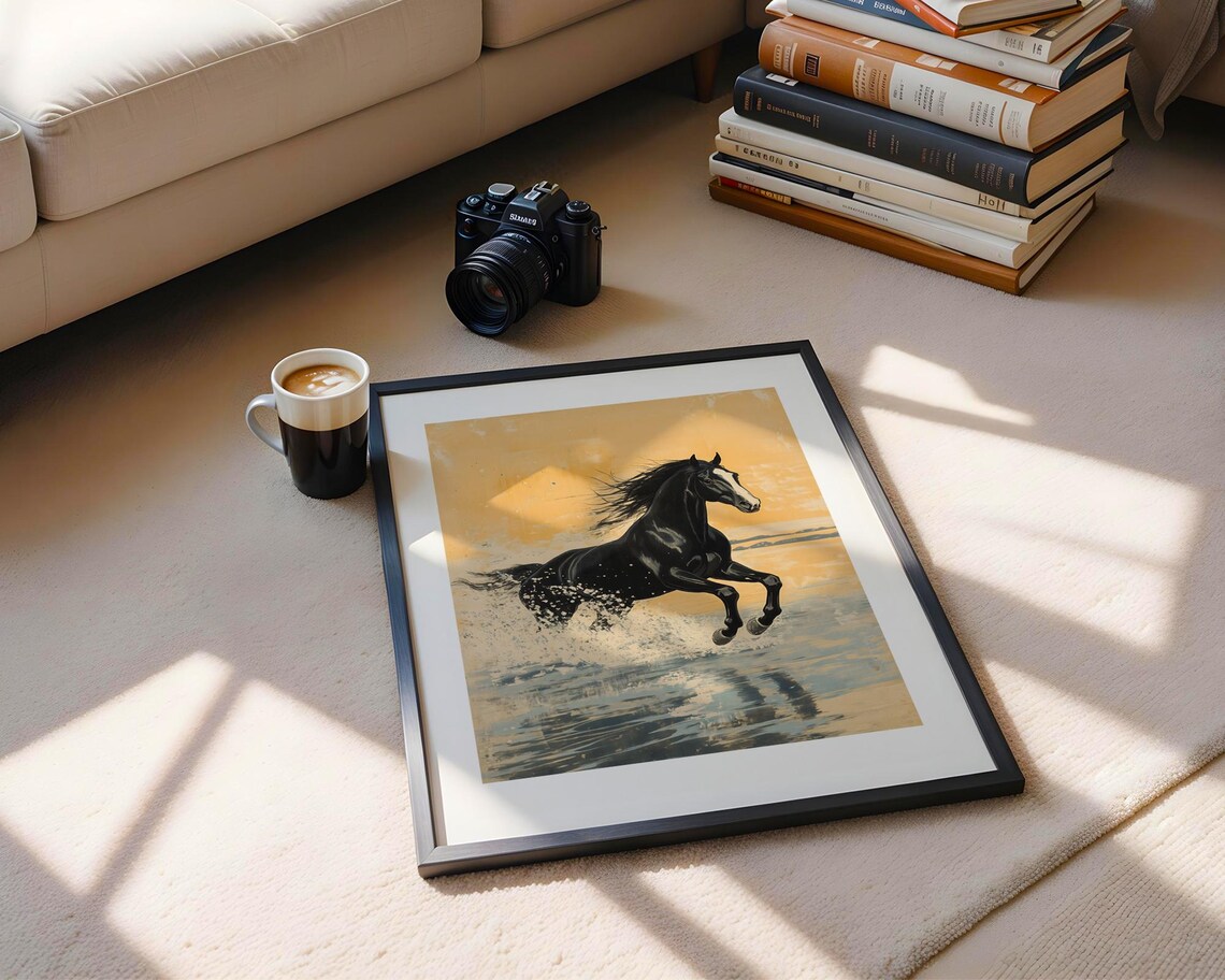 Black Horse Galloping Through Water Golden Sky Painting Poster - Image 5