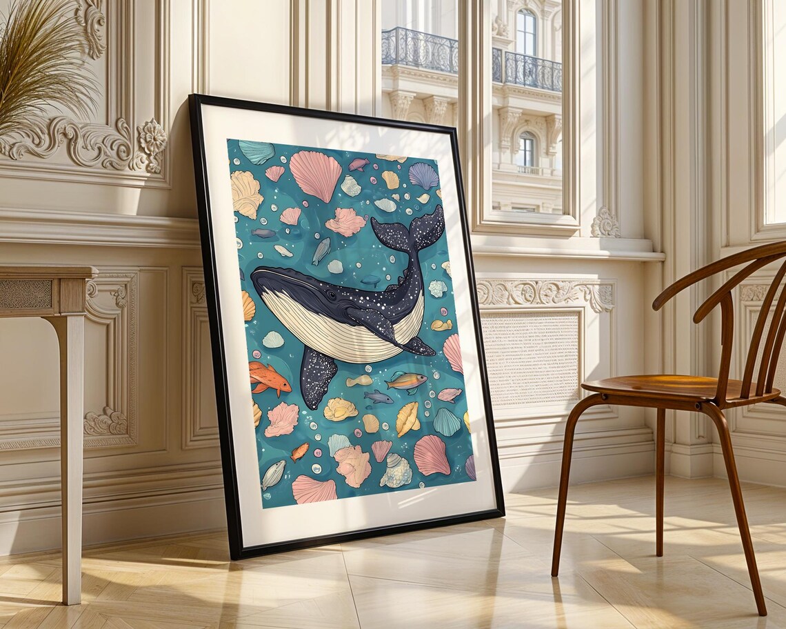 Whale Illustration Seashells Fish Playful Ocean Kids Room Print - Image 3