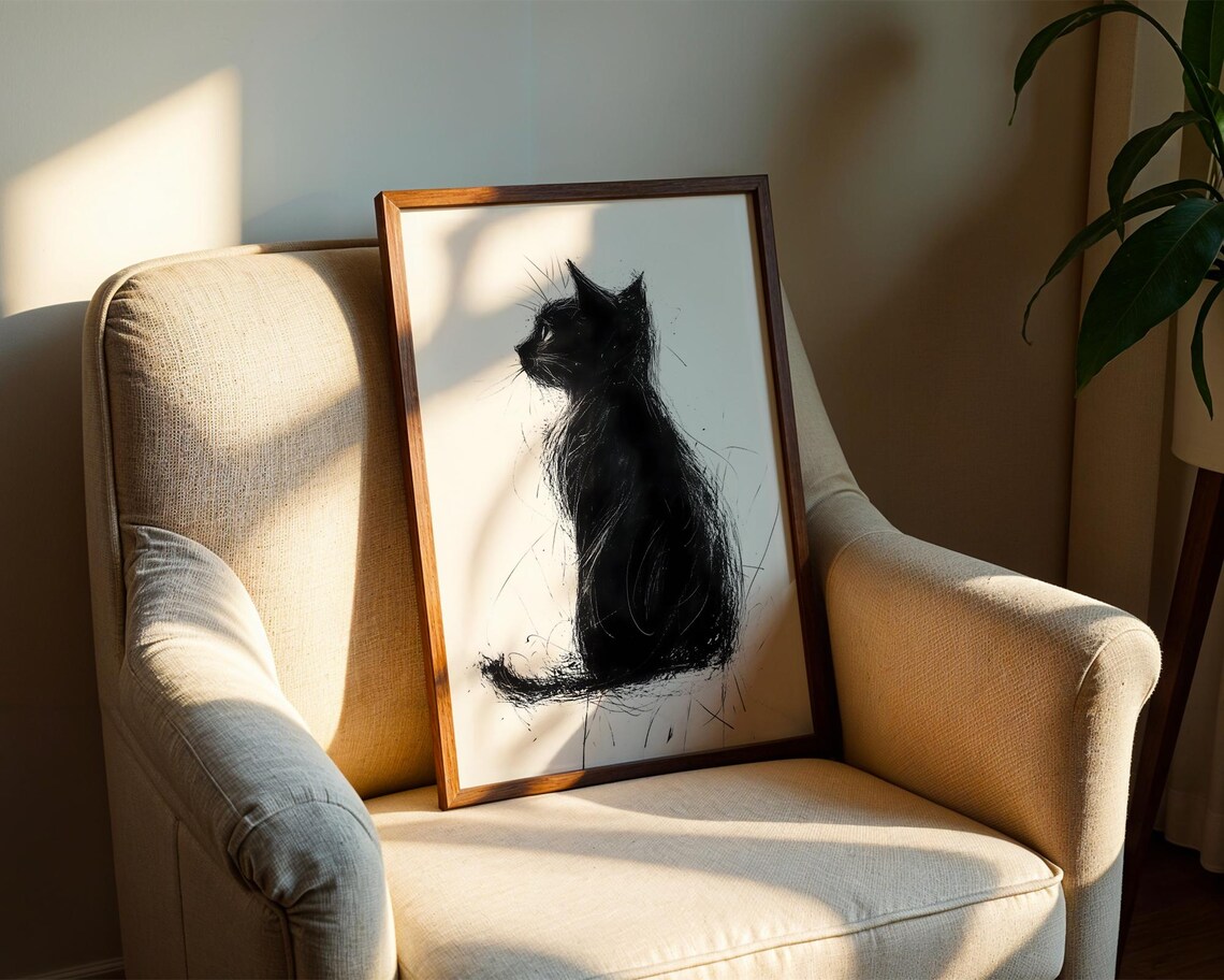Black Cat Silhouette Ink Sketch Minimalist Feline Animal Wall Art - Image 2