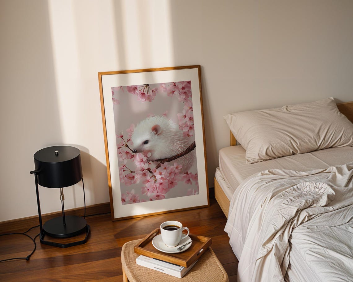 Cute White Hedgehog on Pink Cherry Blossom Branch Nursery Poster - Image 2