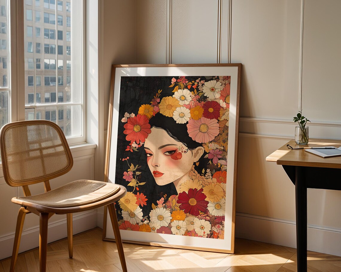 Woman Floral Portrait Colorful Flower Blooms Illustrative Art Poster - Image 2