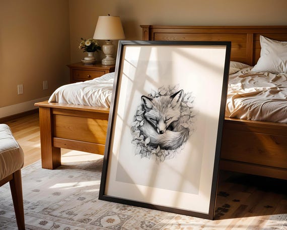 Sleeping Fox Leaf Nest Pencil Sketch Wall Art Monochrome Wildlife Poster Living Room Office Nursery Bedroom Decor