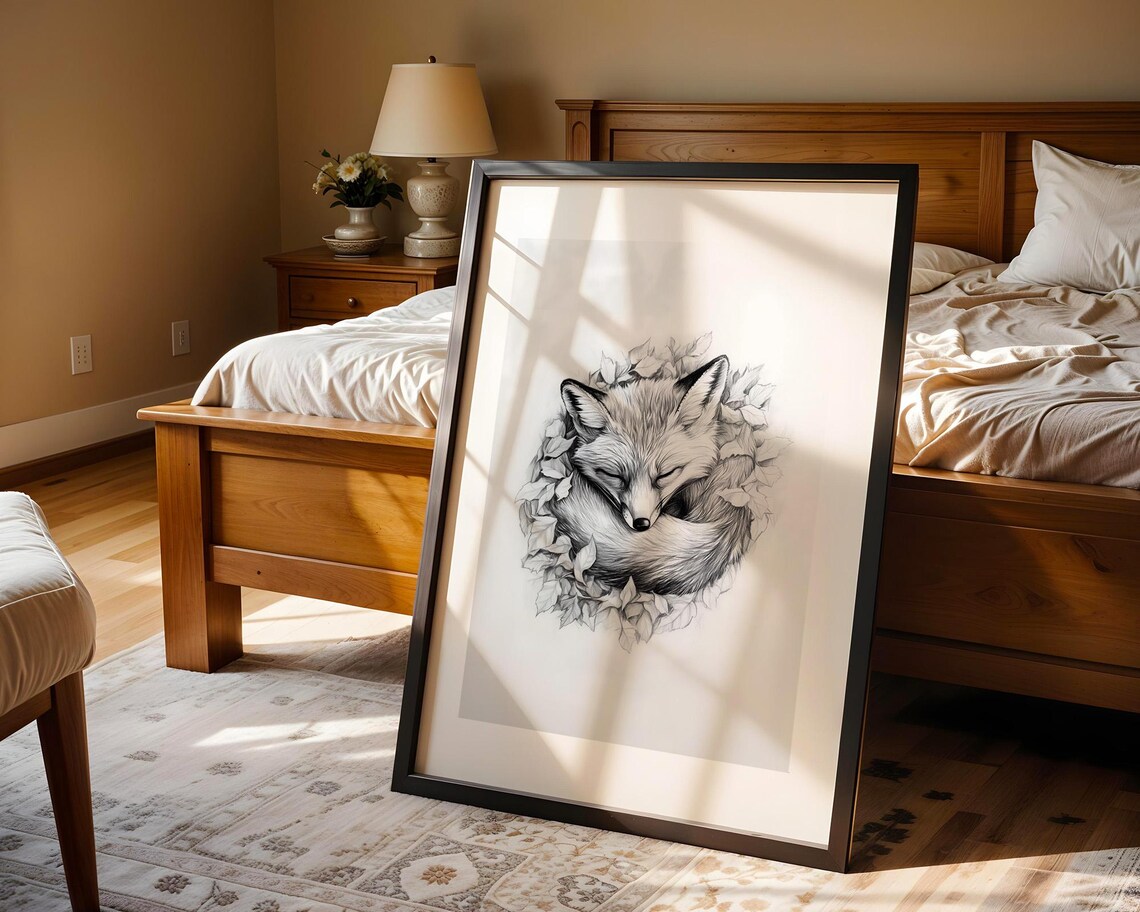 Sleeping Fox Leaf Wreath Monochrome Pencil Sketch Woodland Art Poster