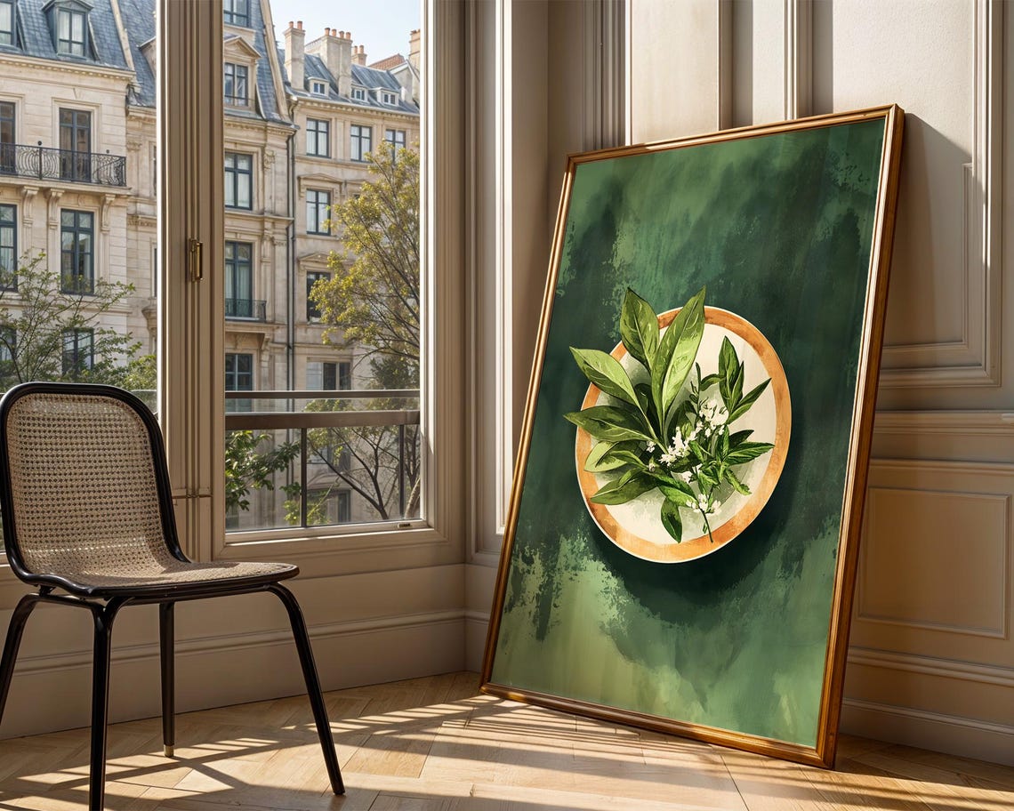 Green Leafy Plant Copper Bowl Overhead Botanical Still Life Wall Art - Image 3