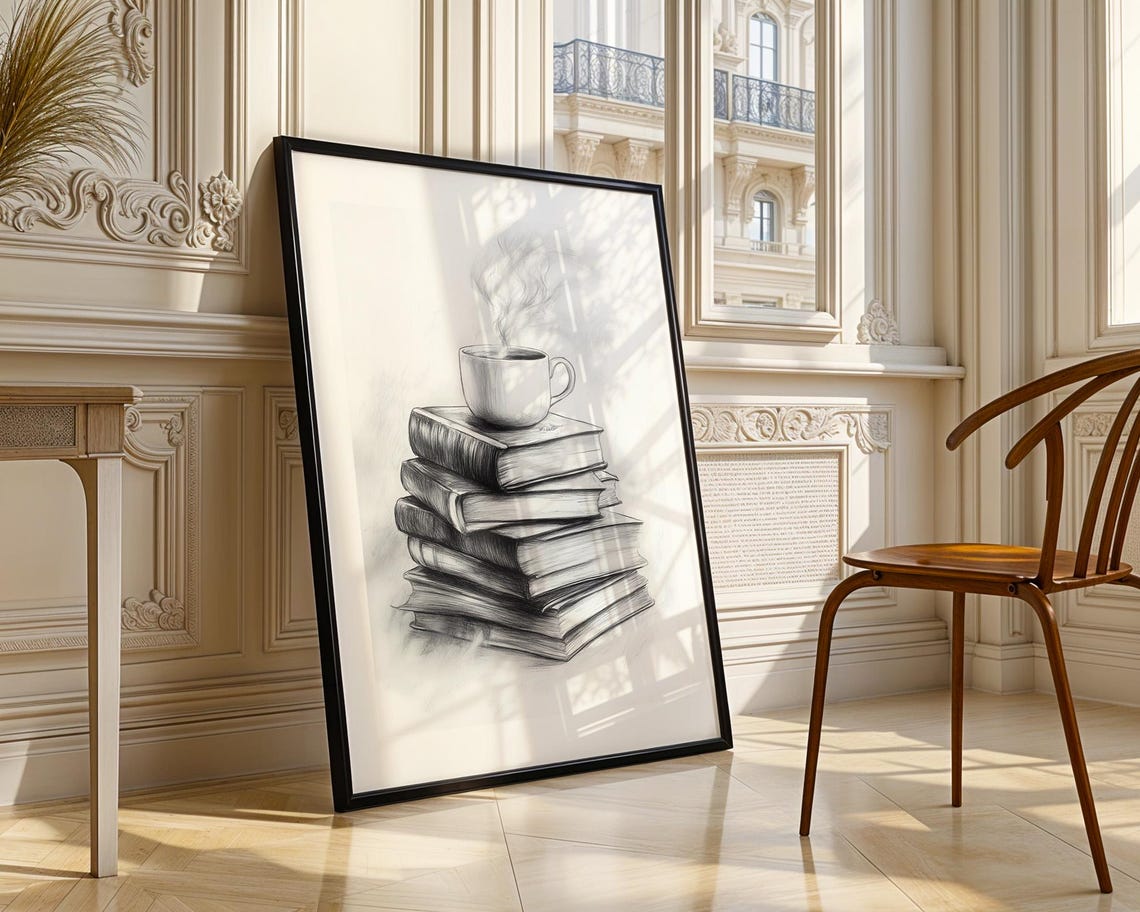 Stack of Books with Steaming Coffee Cup Pencil Sketch Poster - Image 3
