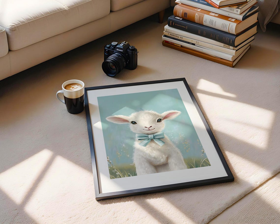 Cute White Lamb With Blue Bow Tie Pastel Teal Nursery Wall Art - Image 3