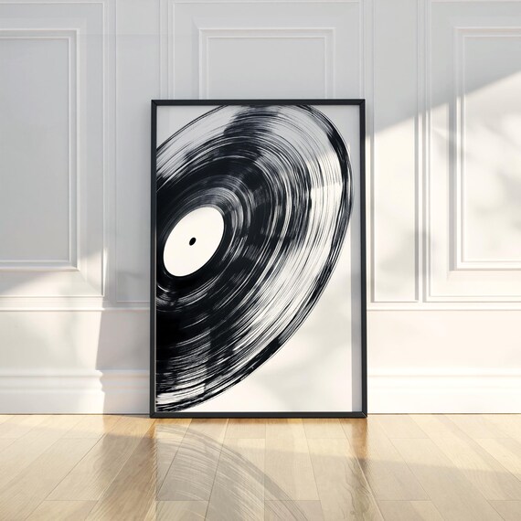 Spinning Vinyl Record Close Up Black White Abstract Music Poster